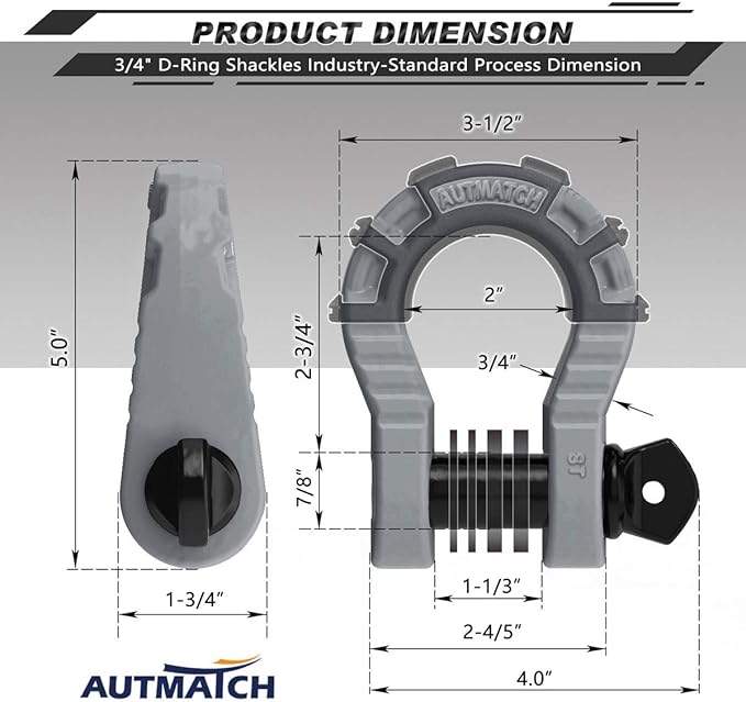 AUTMATCH D Ring Shackles 3/4" Mega Shackle (2 Pack) 68,000Ibs Break Strength - Heavy Duty Clevis Shackles with 7/8" Screw Pin and Isolator Washer for Tow Strap Winch Off Road Vehicle Recovery, Gray