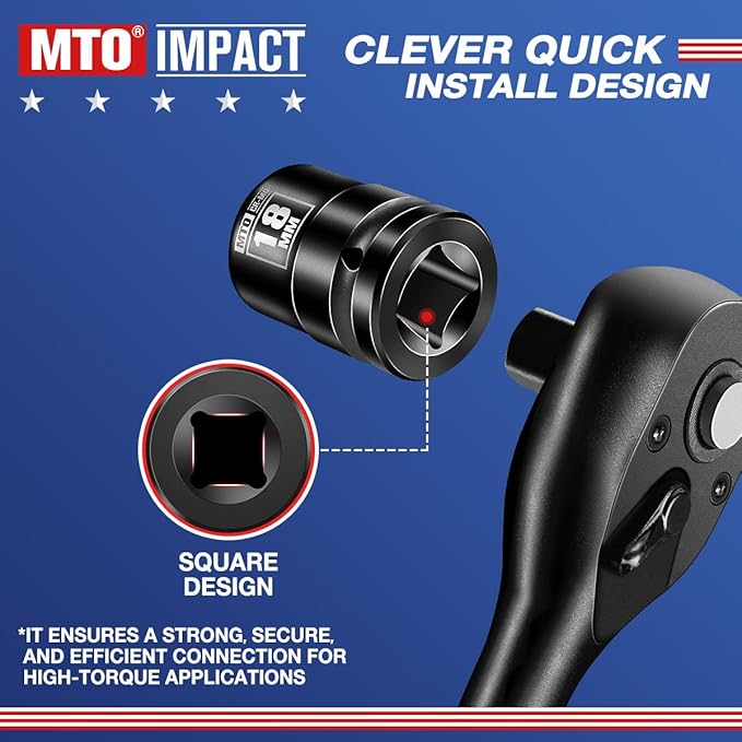 MTO 1/2" Drive 18mm Shallow Impact Socket, 6-Point Metric Socket, CR-MO Steel & Anti-Corrosion Coating for Tight Spaces and Heavy-Duty Tasks
