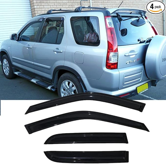 Side Window Vent Defletor Compatible with 2002-2006 Honda CR-V, 4pcs Out-Channel Tape-on Sun Rain Guards Set, Dark Smoke Nice Looking Window Visors 94459