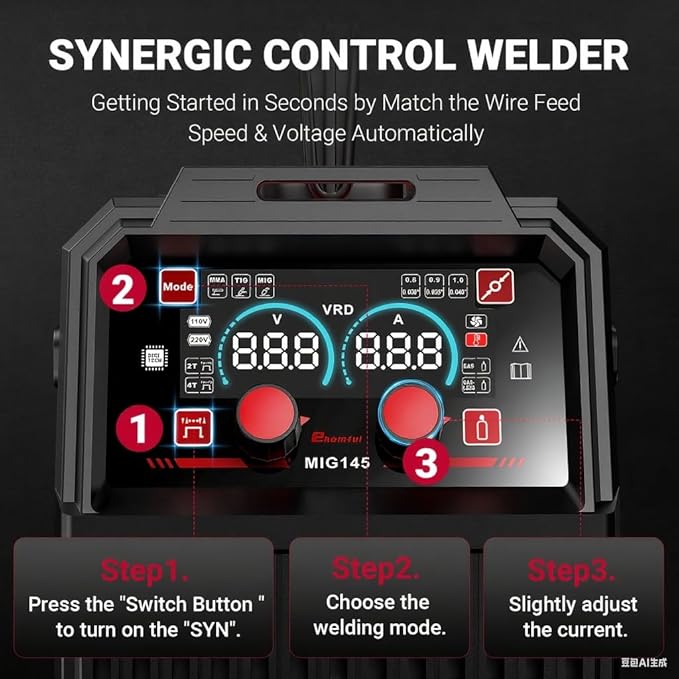 Ehomful 145A Mig Welder 110v/220v,Gas MIG/Gasless Flux Core MIG/Lift TIG/MMA/Stick Welder Machine, 4 in 1 Multi-Process Welding Machine with Synergy, IGBT Inverter,with Welders Helmet and Gloves