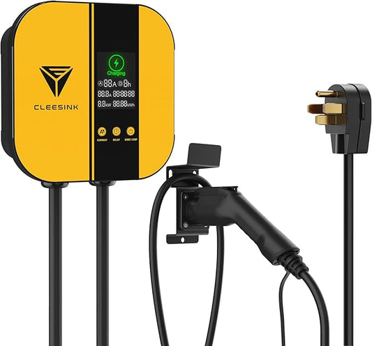 CLEESINK Level 2 EV Charger, 40A 240V Indoor/Outdoor Electric Vehicle Charging Station, NEMA 14-50, 23ft Cable UL Listed Home Electric Car Universal Wall Charger EVSE, Settable Amps & Time, Yellow