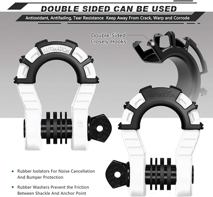 AUTMATCH D Ring Shackles 3/4" Mega Shackle (2 Pack) 68,000Ibs Break Strength - Heavy Duty Clevis Shackles with 7/8" Screw Pin and Isolator Washer for Tow Strap Winch Off Road Vehicle Recovery, White