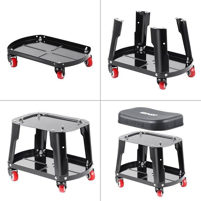 DNA Motoring TOOLS-00252 Removable Rolling Garage Stool with Seat Cushion & Tool Tray Plate,300lbs Max Weight Capacity