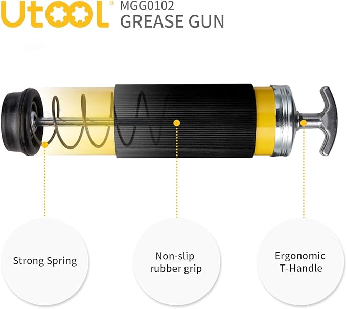 UTOOL Grease Gun, 8000 PSI Heavy Duty Pistol Grip Grease Gun Kit with 14 oz Capacity, 18 Inch Resin Flex Hose, 2 Basic Coupler, 2 Extension Rigid Pipe and 1 Sharp Type Nozzle, Argent Matte Finish