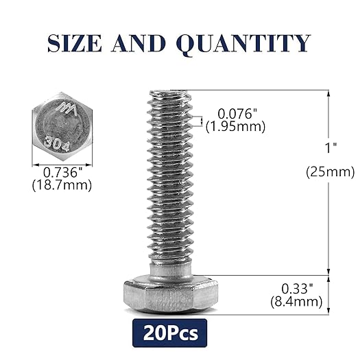 1/2-13 x 1 Hex Head Screw Bolt, 20Pcs 18-8 (304) Stainless Steel, Fully Threaded, Plain Finish, by SG TZH