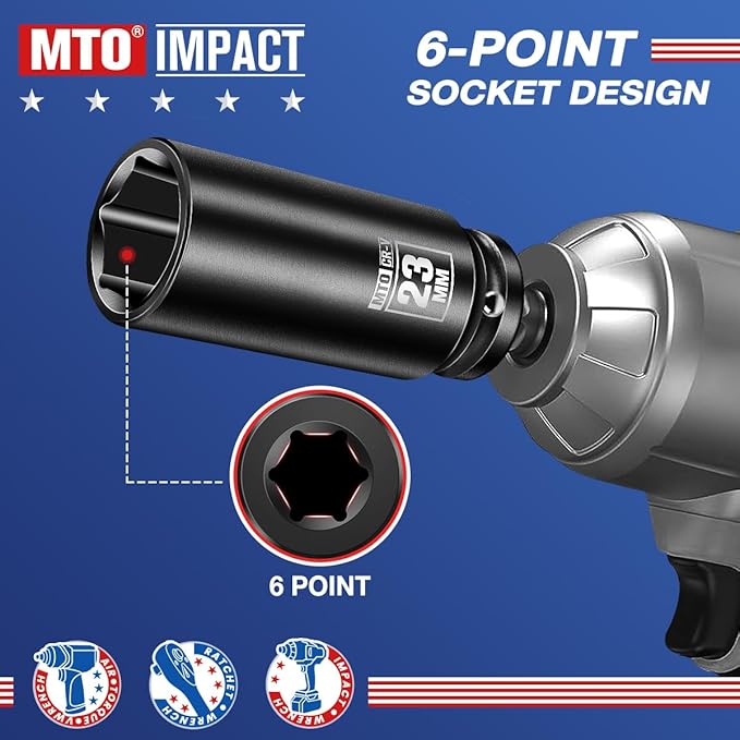MTO 1/2" Drive 23mm Deep Impact Socket, 6-Point Metric Socket for Automotive Maintaince, CR-V Steel Meets ANSI Standards