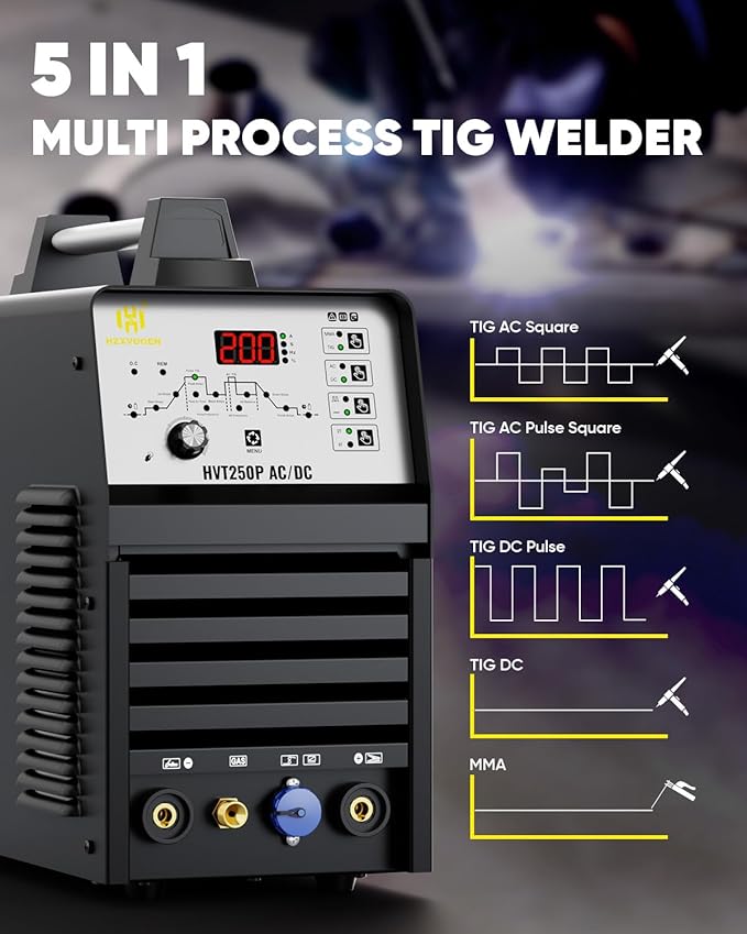 H HZXVOGEN TIG Welder AC DC with Pulse, 200A Aluminum TIG Welder with Square Wave 110V/220V IGBT Inverter HF TIG/Pulse TIG/Stick Welder Machine