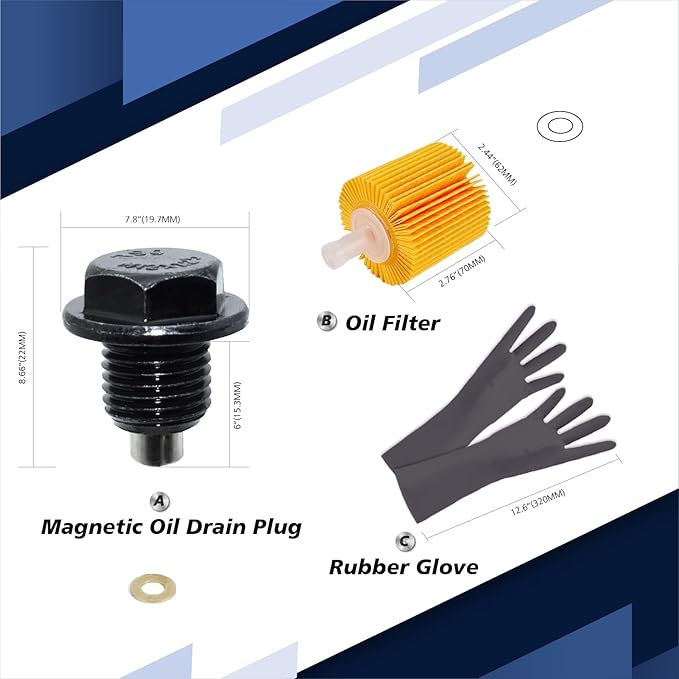 Oil Change Kit with Magnetic Drain Plug & Oil Filter for Toyota/Lexus 2.0L-5.7L 64mm Filter Wrench, Drain Tool, Oil Funnel,Gloves