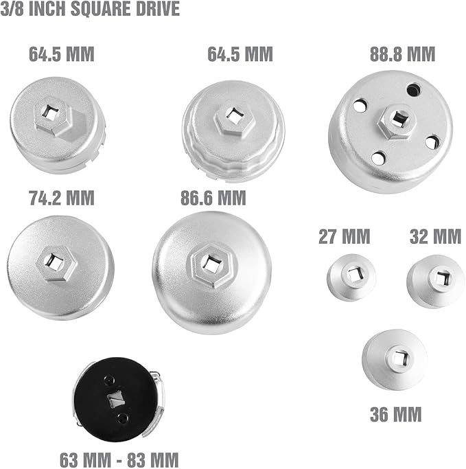 OEMTOOLS 27199 9-Pc Oil Filter Cap Wrench Set, Oil Filter Wrench Set Includes Adjustable and Universal Wrenches, Oil Filter Removal Tool Set Compatible with 3/8" Drive Tools