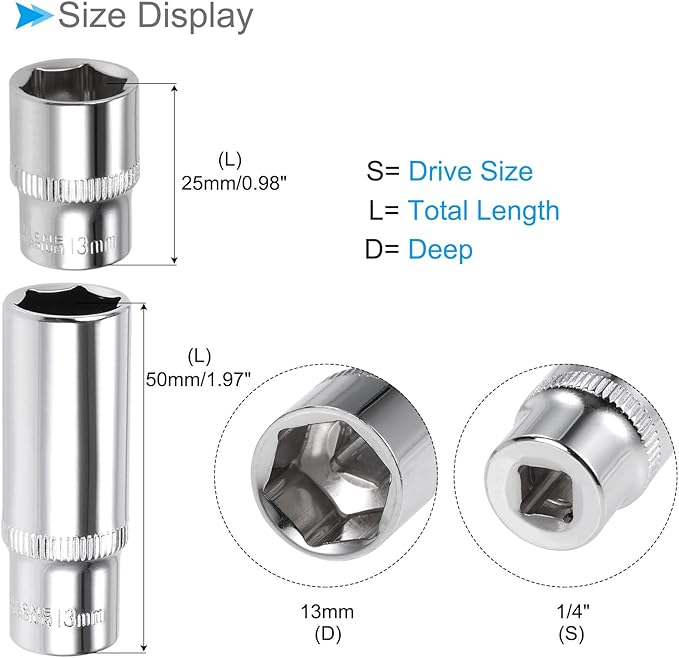 6-Point Socket, 1/4" Drive 13mm Deep, Polished Chromed CR-V Metric Deep and Shallow Impact Socket - (Applications: for Ratchet Torque Electric Wrenches Car Repair), 2-Pieces