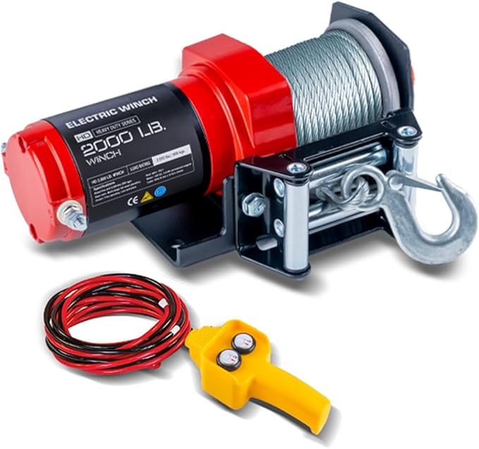 RUGCEL WINCH 2000lb,for ATV, with Steel Cable,ATV Winch with Wired Manual Remote Control Switch,with Mounting Plate,with Roller Fairlead&Hook