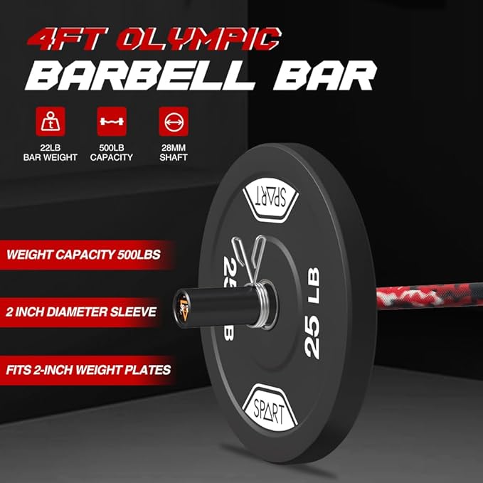 4FT Olympic Barbell Bar, 47Inch Straight Weight Bar with 2 Collars, Solid Olympic Bar with Bearings, 500Lbs Capacity Weightlifting Bar for Home Gym Strength Training, Suitable for 2 Inch Plates
