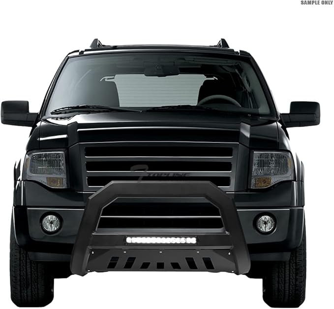 Matte Black AVT Style Aluminum LED Light Bull Bar Brush Push Front Bumper Grill Grille Guard with Skid Plate Compatible with 07-09 Jeep Wrangler JK