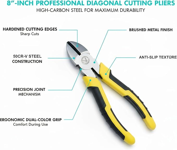 8-Inch Heavy Duty Diagonal Cutting Pliers, 50CrV Steel with 65HRC Hardened Cutting Edges, Bi-Material Anti-Slip Grip - Ideal for Electrical Wire, Cable & Metal Cutting