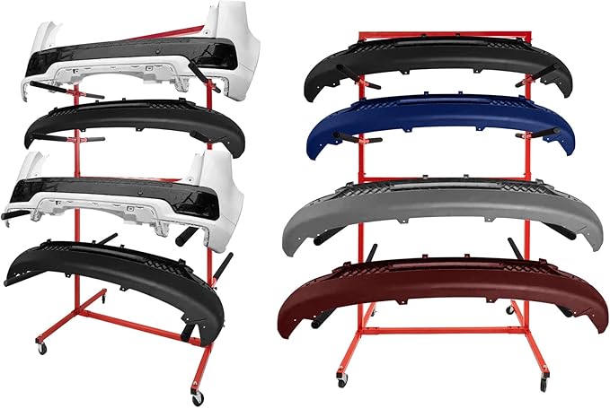 Mobile Bumper Storage Rack, 8 Pairs of Arms Double Sided Bumper Stand with Lockable Wheels, Heavy Duty Utility Bumper Storage Dolly Length Adjustable for Automobile Parts Accessories, Red