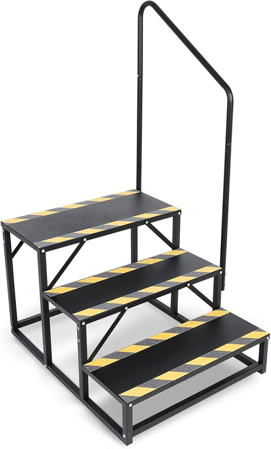 3-Steps RV Stairs with Handrail,Hot Tub Steps with Handrail 300LBS Load Capacity with Anti-Slip Skid Tape Portable Stairs for Travel Trailer,Mobile Home,Camper,Pool and Pet Stairs