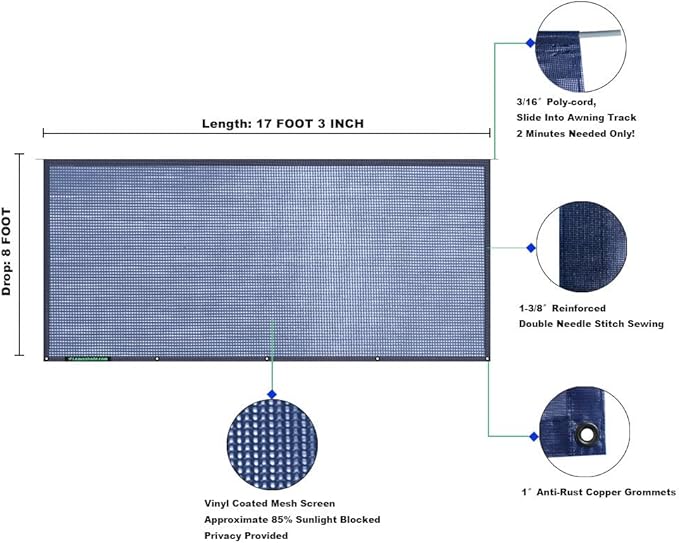 Tentproinc RV Awning Sunshade Screen 8'X17'3'' (Fit for 18' Awning) Mesh Sun Shade Block Front Glary Motorhome Camping Trailer Awning Shadescreen UV Sunblocker Sunscreen -3 Year Warranty (Navy Blue)