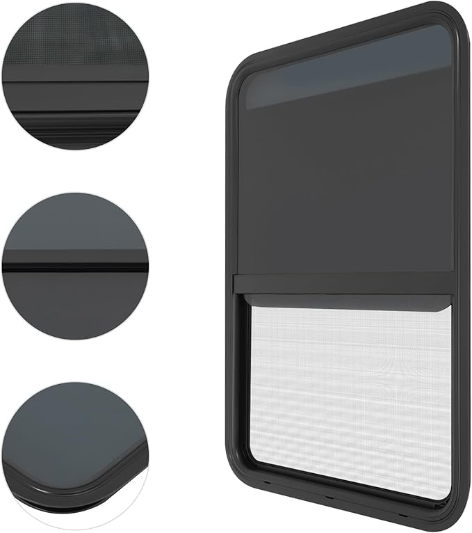 RV Window, Teardrop Vertical Slide Black RV Window, 24" W X 36" H Vertical Sliding Window Camper Trailer Window Vertical Sliding Replacement Glass W/Trim Ring, Universal RV Window
