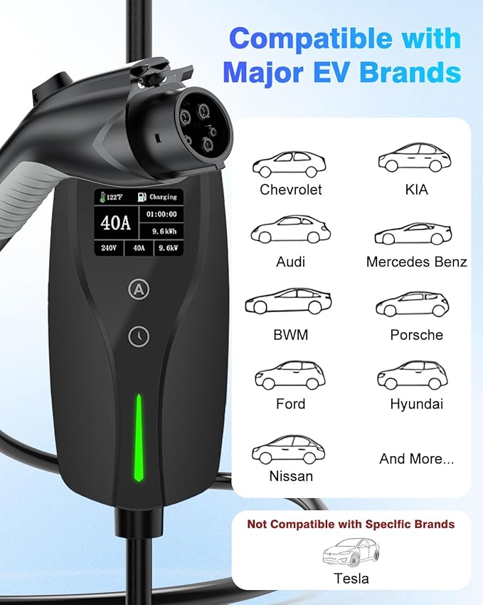 Level 2 EV Charger, 40Amp Electric Car Chargers 25FT Cable with NEMA 14-50 Plug, Adjustable Current, Timing Delay Electric Vehicle Chargers for J1772 BEVs/PHEVs 240V 9.6kW