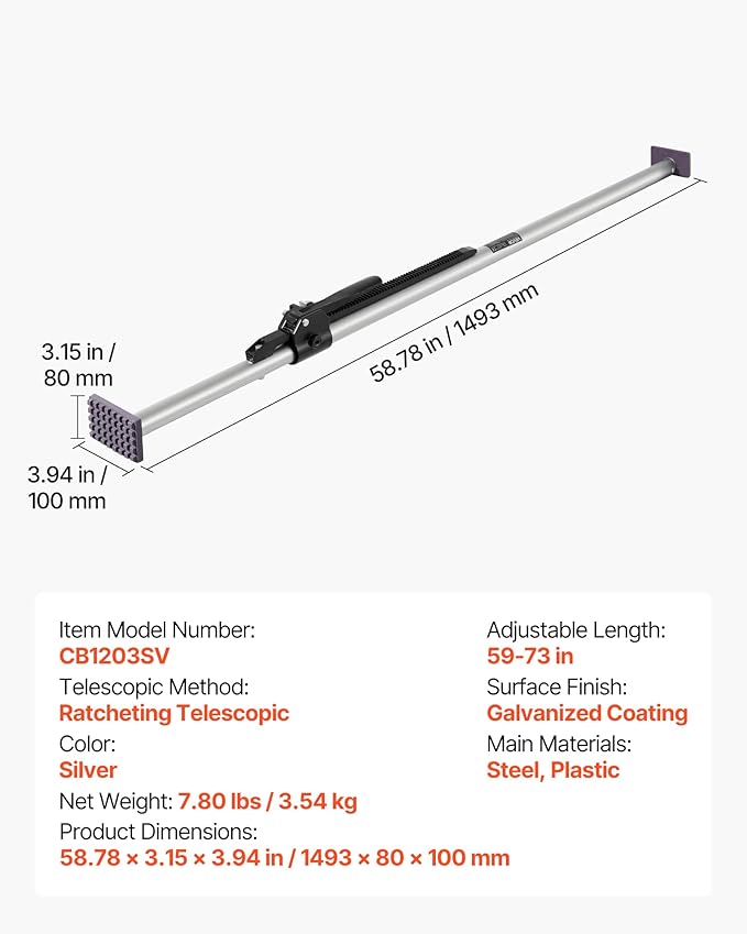 VEVOR Cargo Bar, Ratcheting Cargo Bar Adjustable from 59" to 73", Heavy-Duty Steel Cargos Stabilizer with Non-Slip Foot Pads, Telescoping Load Lock Bars Stop Sliding for Pickup Truck