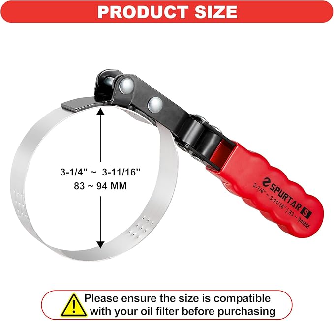 Spurtar Small Oil Filter Wrench, Swivel Oil Filter Removal Tool, Fits Filters 3-1/4" to 3-11/16" (83-94mm) for 4S Shop Auto Repair Mechanic DIY Generator Small Engine