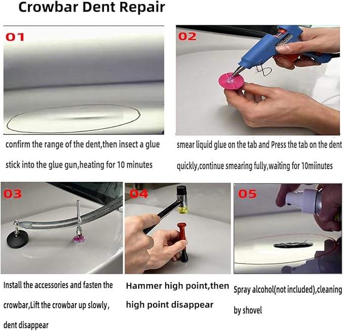 1set Car Dent Removal Kit, Auto Fender Damage Repair Big Curved Rod Crowbar Puller Lifter Rods Tools with Glue Tabs, Glue Sticks, Leveling Tools and More for Car Body Dent Repair