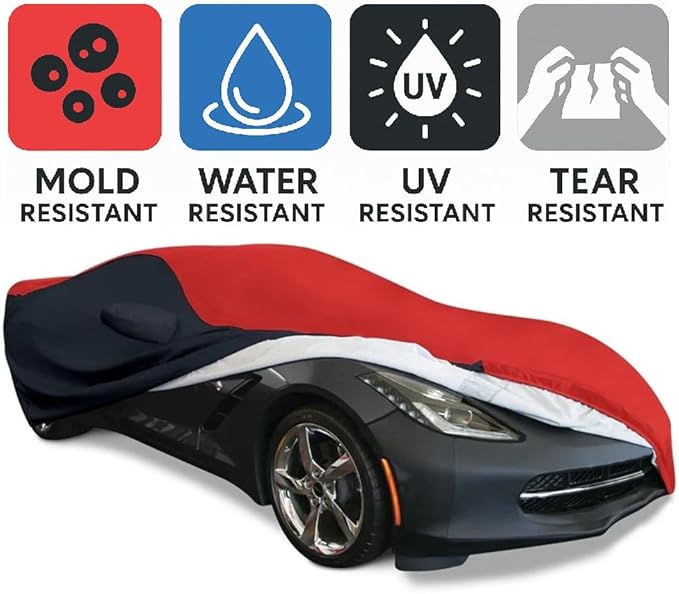 C7 Corvette Car Cover - Custom Fit Indoor/Outdoor UV & Rain Protection - Ultraguard Plus 300 Denier High End Fit for 2014-2019 Stingray, Z51, Z06, Grand Sport Corvettes (Red/Black)