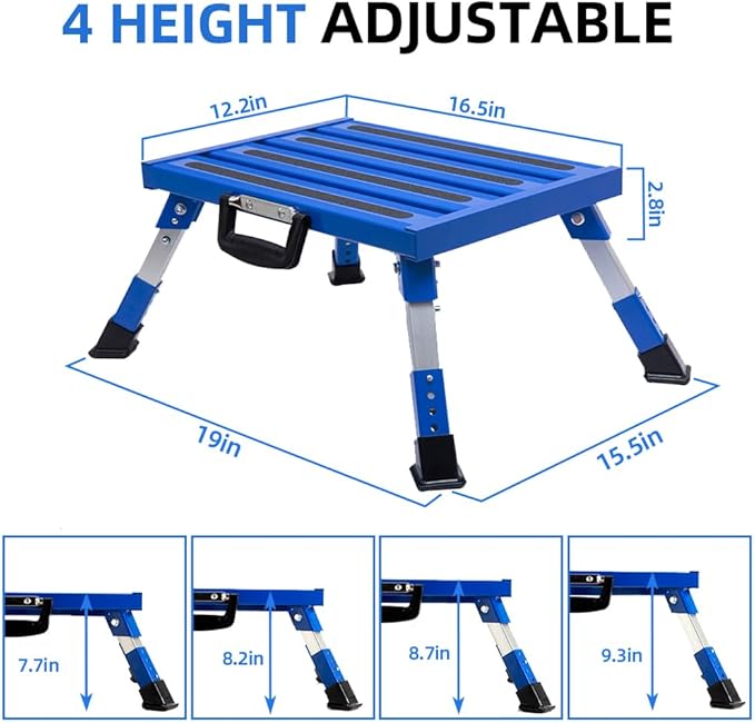 Homeon Wheels Aluminium RV Steps Adjustable Folding Step Stool with Non-Slip Rubber Feet, Stable Platform Supports 1000bs, Safety Strips, Handle, Easy Carry, Outdoor Camper Trailer Travel - Blue