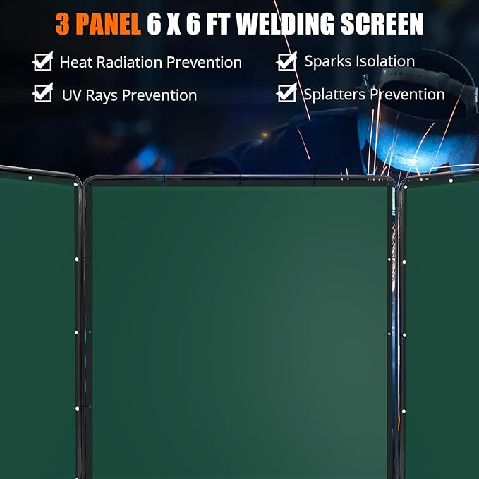 3 Panel 6x6 FT Vinyl Welding Screen with Frame, Flame-Resistant PVC Welding Curtain with Lockable Swivel Wheels, Transparent Welding Screen Panel for Welding Safety, Green