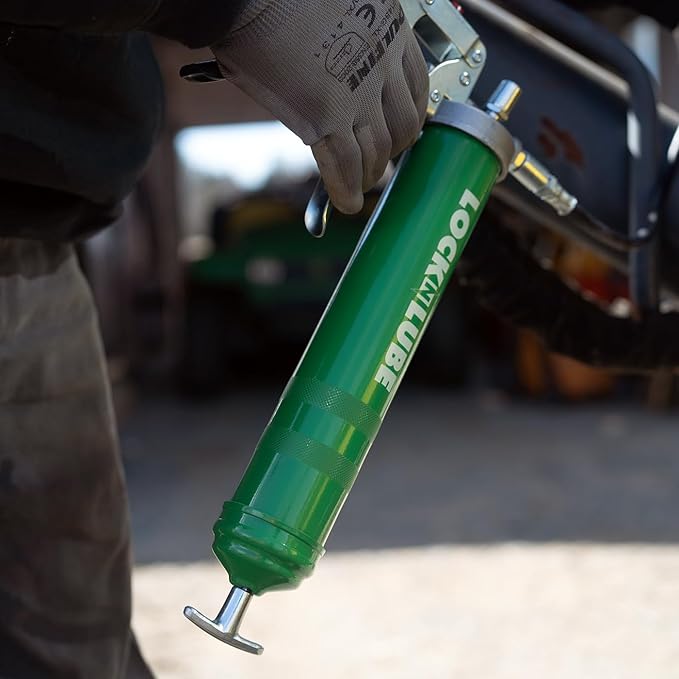 LockNLube Heavy-Duty Pistol Grip Grease Gun. Includes our patented LockNLube® Grease Coupler (Locks On, Stays On, Won't Leak!) plus a high-quality 20" hose and in-line hose swivel