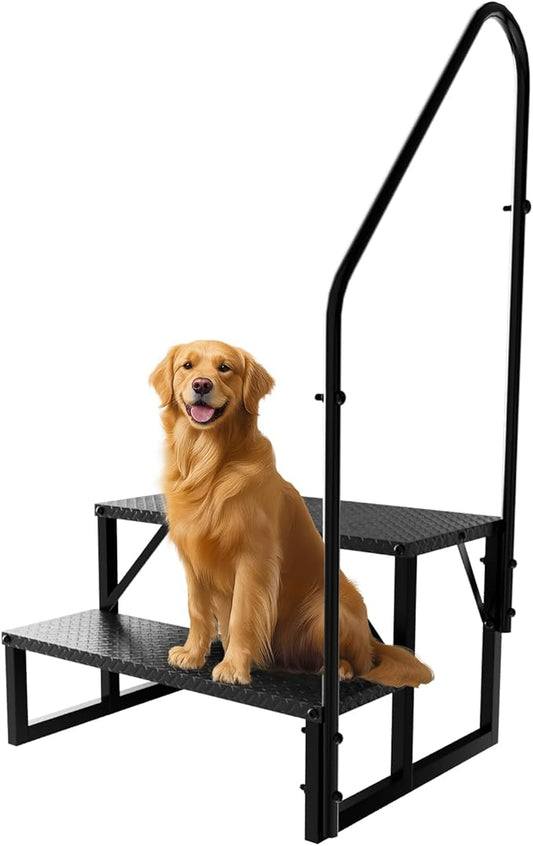 RV Steps with Handrail, 2 Steps Ladder Hot Tub Steps with Handrail, Portable Mobile Home Stairs Outdoor RV Stairs for 5th Wheel RVs