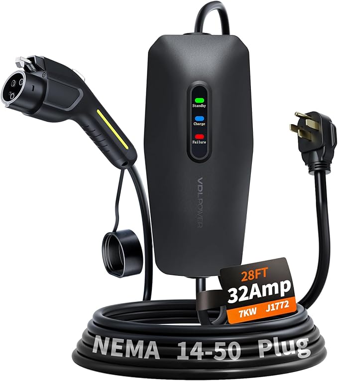 Level 2 EV Charger, 32A/7KW Electric Vehicle Portable Charger with 28FT Cable, Home EV Charging Station, 240V NEMA 14-50 Plug, for All SAE J1772