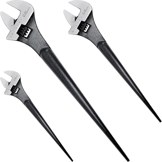 3-Piece Adjustable Construction Spud Wrench Set, 10-inch, 12-inch, 16-inch, SAE and Metric Scale Marked, CR-V Steel with Black Oxide Finish, Alignment Holes and Tail Crowbar Features