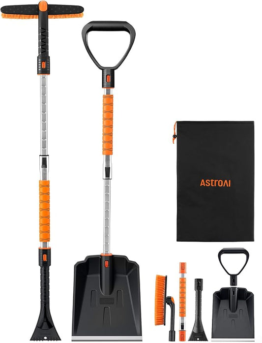 AstroAI 2" 1 Ice Scraper & Snow Shovel Kit, 47.2" Ice Scrapers for Car Windshield and 360° Pivoting Snow Brush, Extendable Snow Shovel with Foam Grip for Car, Trucks, SUVs, Vehicles（Orange）