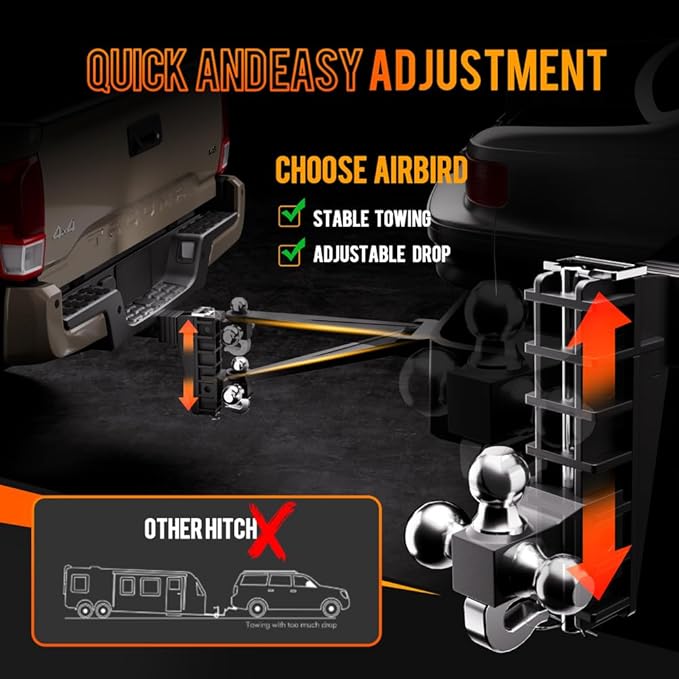 Airbird Adjustable Trailer Hitch Fits 2-Inch Receiver, Heavy Duty Tow Hitches (17000 LBS GTW) 8 Inch Drop Truck Hitch Tri-Ball Mount with Hook (1-7/8" x 2" x 2-5/16")…