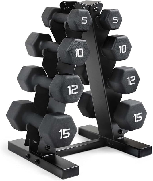 WF Athletic Supply Black Neoprene Dumbbell Set, Non-Slip & Hex Shape, Great for Muscle Toning, Strength Building & Weight Loss; Sizes, Dumbbells Only & w/Rack Options Available