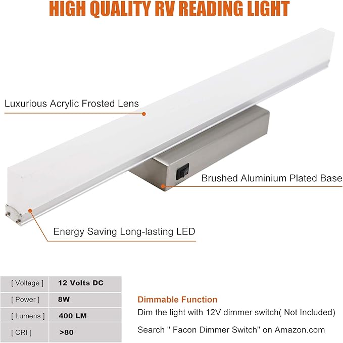Facon 12V-24V DC RV Vanity Light Fixtures with Switch, 16.5Inch LED RV Wall Sconces Bathroom Mirror Light with Acrylic Lens, RV Interior Lights for RV, Camper, Motorhome, Boat