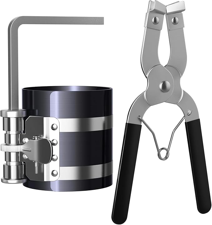 Moker Piston Ring Compressor Tool,Car Engine Piston Ring Installer Removal Kit，Adjustable Sizes From 2-1/8 Inches To 7 Inches (53mm - 175mm) with Piston Installer Plier