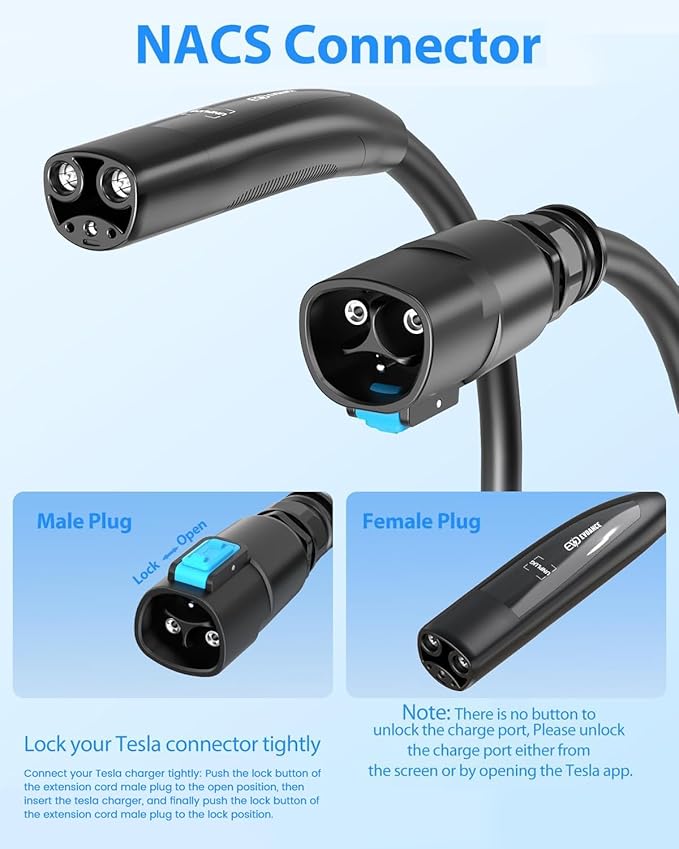 Extension Cord for Tesla 21ft Extension Cable Max Support 12KW 50Amp 240V with NACS Plug Extension Cord for Your Level 1&2 EV Charger Tesla Wall Connector