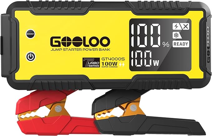 GOOLOO GT4000S Jump Starter 4000A Car Jumper Starter (Up to 10L Diesel All Gas Engines), 100W Fast-Charging Lithium Jump Box, SuperSafe Portable Car Battery Charger Power Bank for 12V Vehicles, Yellow