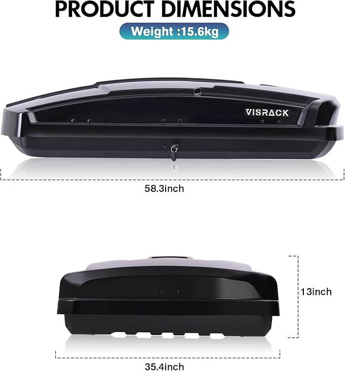 Hard Shell Roof Cargo Box Carrier with Security Keys,Heavy Duty Waterproof Rooftop Storage Box,58.3 (L) x35.4 (W) x 13(H) Inches,15.5 Cubic Feet (Tool-Free Install),Dual Side Opening,Black