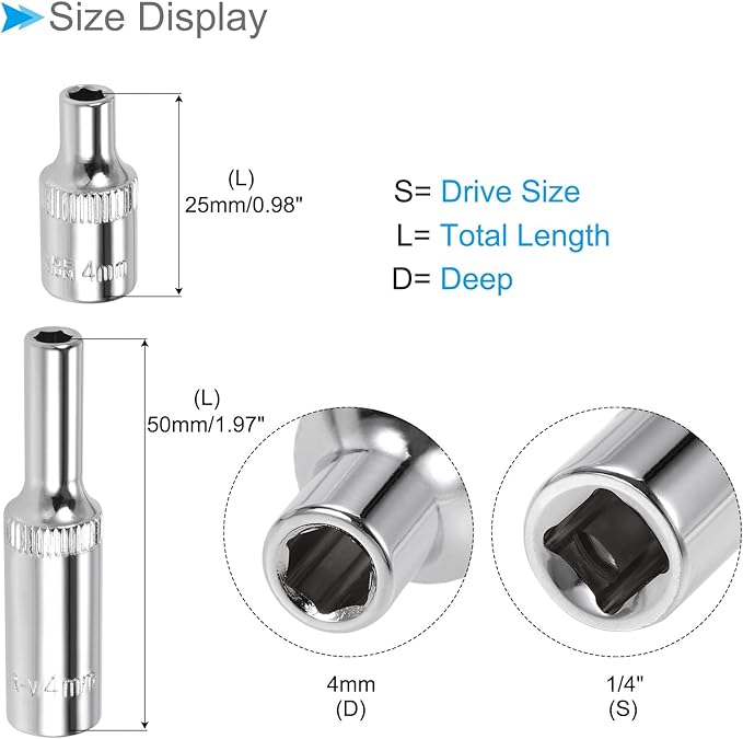 6-Point Socket, 1/4" Drive 4mm Deep, Polished Chromed CR-V Metric Deep and Shallow Impact Socket - (Applications: for Ratchet Torque Electric Wrenches Car Repair), 2-Pieces