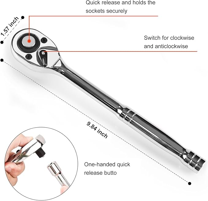Egofine 1/2" Drive Socket Set, 23 Piece Standard SAE (7/16 to 1 inch) and Metric (13-19, 21, 22, 24mm) 6 Point, with Quick Release Ratchet, Extension Bars, Drive Drill Adapter