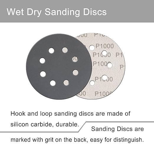 100 Pcs 5 Inch Sanding Discs Hook & Loop 8 Holes Wet Dry 1000 Grit Sandpaper Silicon Carbide Sand Paper for Orbital Sander Automotive Wood Plastic Metal Polishing (100Pcs 1000 Grit)