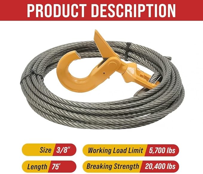 Mytee Products 1 Pack 3/8" x 75' Swaged Winch Cable Wire w/Self Locking Swivel Hook - 20,400 lbs Ultimate BS & 1 Pack Side Puller Recovery Tool for Vehicle Towing & Angled Winching - 9,000 lbs WLL