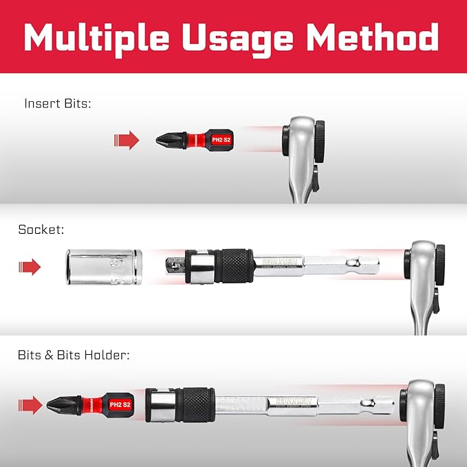 42Pieces Impact Screwdriver Bit & Socket Set with Mini Ratcheting Wrench, 30Pcs Impact S2 Screwdriver Bits Set, 5Pcs SAE & Metric Sockets and 2-In-1 Bit Extension Holder Repair Tools
