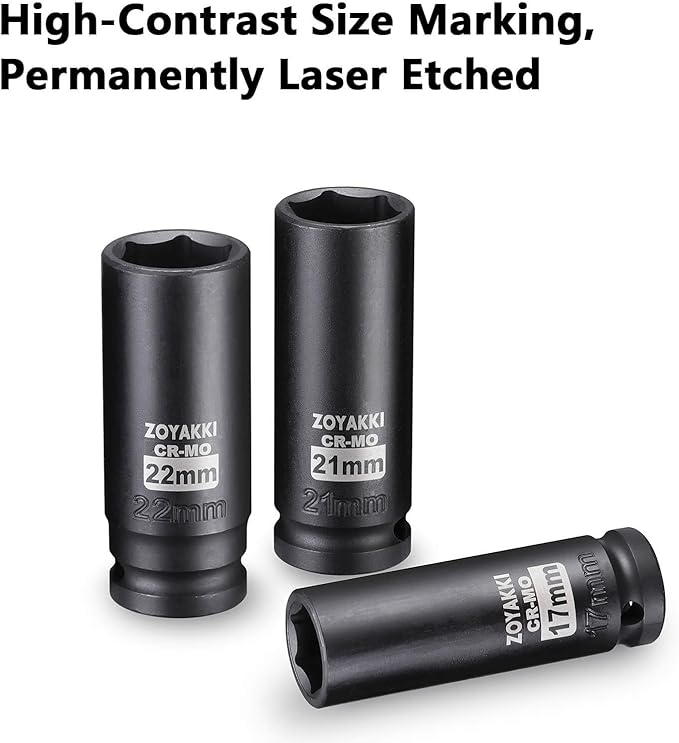 4 Pieces 1/2-Inch Drive Deep Impact Socket Set, (17-19-21-22mm), Metric Socket Set, 6 Point,with a Storage Cage