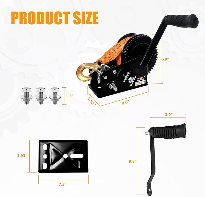 Boat Trailer Winch 3500lbs, Heavy Duty Hand Winch with 33FT Polyester Strap, 4:1/8:1 Gear Portable Winch with Hook, 2 Way Ratchet Manual Winch for Boat, Jet Ski, Truck-Includes Installation Screws