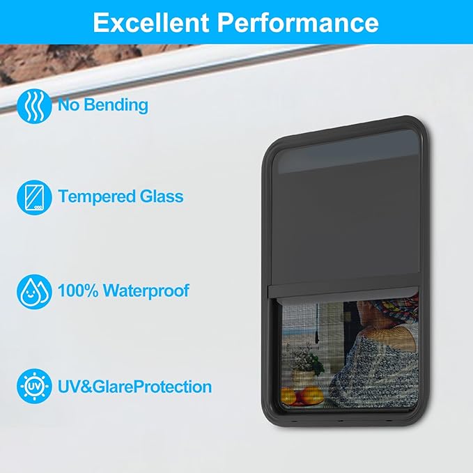 24" W x 36" H RV Window Vertical Sliding, DOT Certified - Shatterproof Tempered Tinted Glass, with Net Screen and Trim Ring, Teardrop Replacement Trailer Camper Window