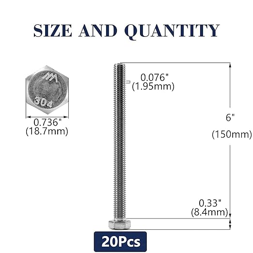 1/2-13 x 6 Hex Head Screw Bolt, 20Pcs 18-8 (304) Stainless Steel, Fully Threaded, Plain Finish, by SG TZH